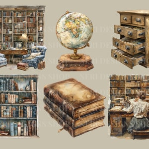 Vintage reading watercolor clipart Classic library Free commercial PNG Librarian, Book lover bookcase old world globe catalog cabinet art zdjęcie 7