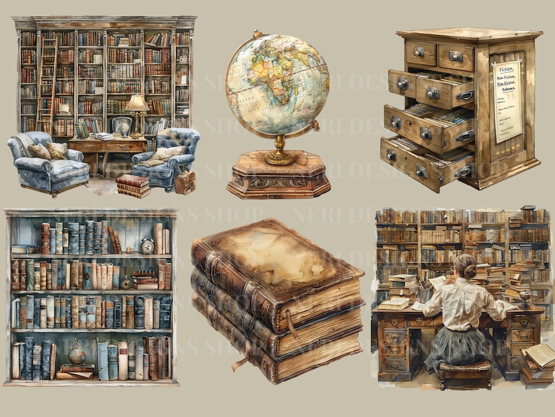 Vintage reading watercolor clipart Classic library Free commercial PNG Librarian, Book lover bookcase old world globe catalog cabinet art zdjęcie 7