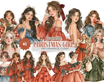 Coquette Christmas Girl Clipart, Watercolor Holiday Girl for Feminine Christmas Cards and Planner Stickers