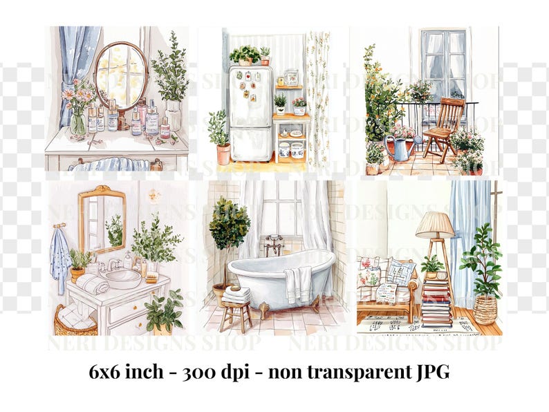 Cute Home Interior Watercolor Clipart, Cozy Room & House Scene Free ...