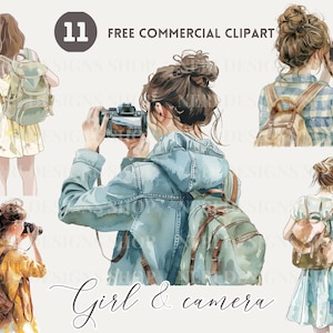 Backview meisje en camera aquarel clipart, reizend meisje dat foto neemt gratis commerciële PNG, fotografie meisje, foto die illustratie neemt