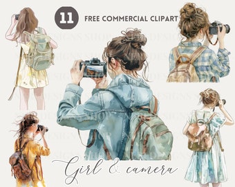 May include: A set of 11 watercolour illustrations of girls with cameras and backpacks. The girls are wearing casual clothing and have different hairstyles. The illustrations are in a light and airy style.