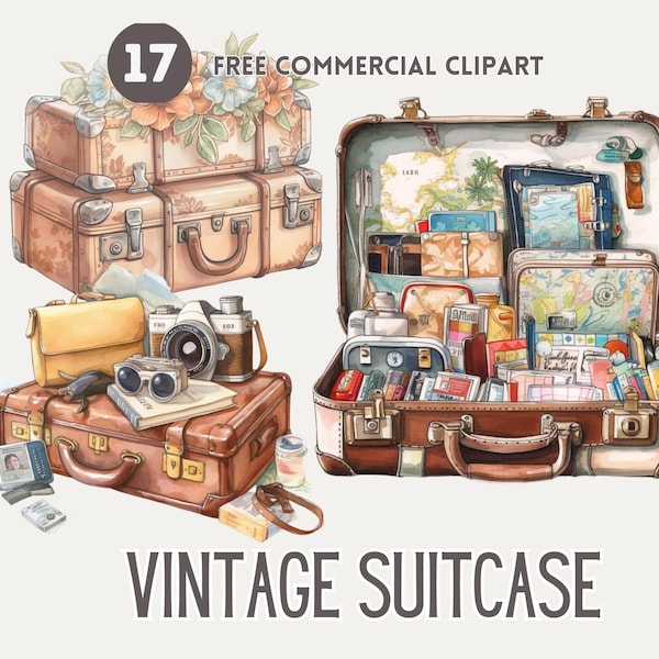 Vintage suitcase watercolor clipart bundle, Antique luggage Free commercial set, Vintage Travel illustration, Travel essentials Art