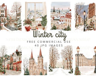 Winter City Background, European Streets, Markets, Canals and Skylines in Watercolor