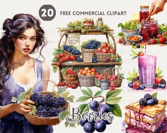 Berry Fruit watercolor clipart bundle Berry Dessert free commercial png, berry cake, berry picnic, berry branch, berry basket illustration