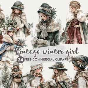 Vintage hiver fille aquarelle clipart, PNG commercial gratuit dame de Noël classique, fille en robe de fourrure Art rétro hiver femme numérique autocollant