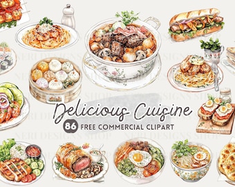 Food watercolor clipart, Western Cuisine free commercial PNG, Asian recipe book, cooking, culinary illustration, food blog graphic, gourmet