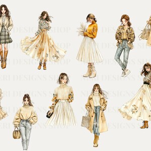 Puede incluir: Una ilustraci&oacute;n digital de diez mujeres con diferentes atuendos en colores oto&ntilde;ales. Las mujeres llevan faldas, pantalones, jers&eacute;is y abrigos. La ilustraci&oacute;n est&aacute; en estilo acuarela.