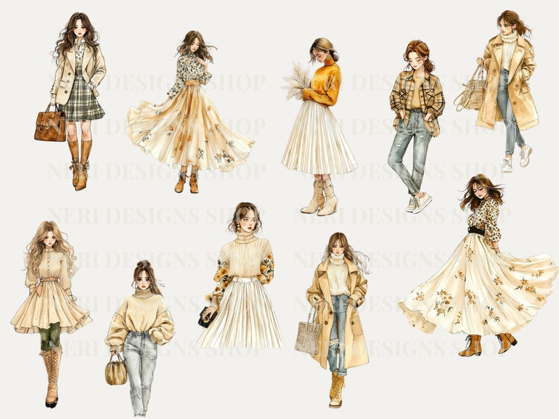 Puede incluir: Una ilustraci&oacute;n digital de diez mujeres con diferentes atuendos en colores oto&ntilde;ales. Las mujeres llevan faldas, pantalones, jers&eacute;is y abrigos. La ilustraci&oacute;n est&aacute; en estilo acuarela.