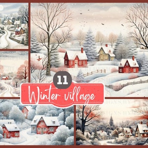 Accogliente villaggio invernale Carta digitale in carta acquerello, Illustrazione commerciale gratuita di paesaggi natalizi, Sfondo invernale, Carta digitale stagionale
