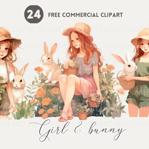 Paquete de imágenes prediseñadas de acuarela de niña y conejito, png comercial libre de linda niña y conejo, linda ilustración complementaria, lindo gráfico de amigo animal