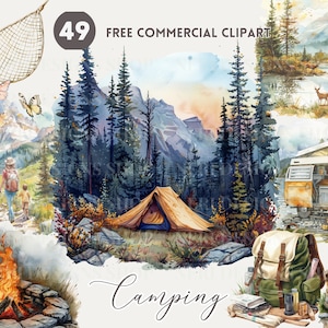 Pacote de clipart em aquarela de cena de acampamento, campista à beira rio Conjunto PNG comercial gratuito, mochila de acampamento na floresta, barraca, caminhada, botas, arte de fogo