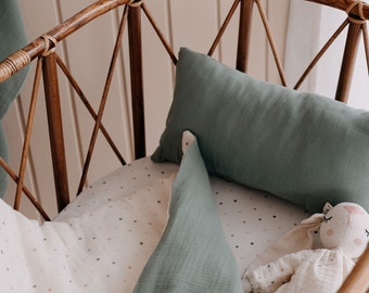 Juego de ropa de cama para bebé de lino de muselina orgánica - Funda nórdica y sábana / Regalo de funda de almohada / Punto verde