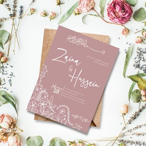 Dusty Pink Floral Nikah Invitation Muslim Walima Invite Islamic Wedding | White Floral | Digital Download & Editable | PETAL