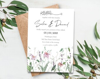 Floral Muslim Wedding Invitation, Nikah Walima, Watercolour Design (Digital Download) KLIA