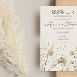 Floral Beige Nikah huwelijksuitnodiging, moslim Walima uitnodigen islamitische bruiloft | Waterverf | Afdrukbare digitale download & bewerkbare | ZAMAAN