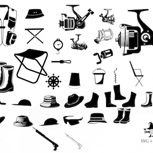 May include: Black and white illustrations of fishing gear, including a fishing vest, a fishing rod, a tackle box, a fishing hat, a folding chair, and a pair of fishing boots.