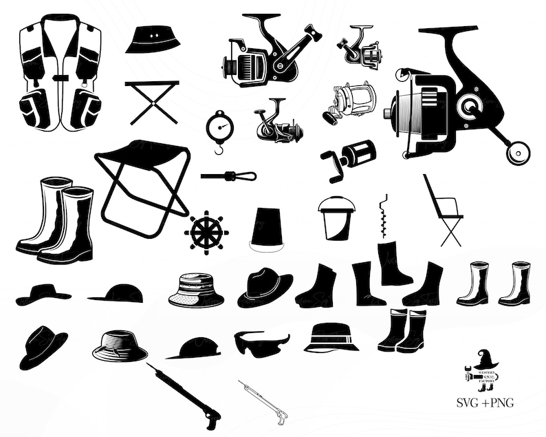 May include: Black and white illustrations of fishing gear, including a fishing vest, a fishing rod, a tackle box, a fishing hat, a folding chair, and a pair of fishing boots.
