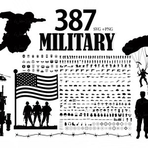Könnte beinhalten: Schwarzweißes Silhouetten-Grafikdesign mit einer Vielzahl von militärischen Motiven, darunter Soldaten, Waffen, Fahrzeuge und ein Fallschirm. Der Text "387 MILITARY SVG + PNG" befindet sich oben im Design.