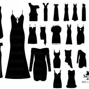 Op de afbeelding: Een set van 20 zwarte silhouetbeelden van verschillende stijlen jurken. De afbeeldingen zijn perfect voor knutselen, scrapbooking of digitale ontwerp projecten.