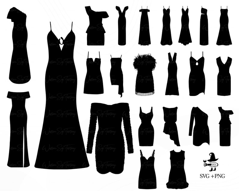 Op de afbeelding: Een set van 20 zwarte silhouetbeelden van verschillende stijlen jurken. De afbeeldingen zijn perfect voor knutselen, scrapbooking of digitale ontwerp projecten.
