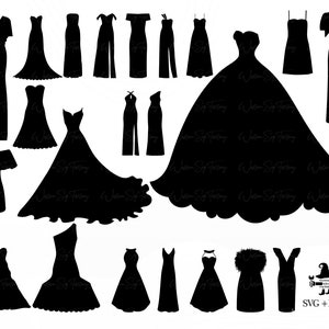 Op de afbeelding: Een set van 20 zwarte silhouette SVG-snijbestanden van verschillende stijlen jurken. De bestanden zijn perfect voor het maken van aangepaste ontwerpen voor T-shirts, mokken, draagtassen en andere ambachten.