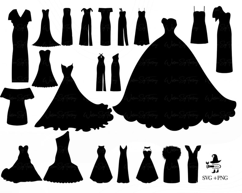 Op de afbeelding: Een set van 20 zwarte silhouette SVG-snijbestanden van verschillende stijlen jurken. De bestanden zijn perfect voor het maken van aangepaste ontwerpen voor T-shirts, mokken, draagtassen en andere ambachten.