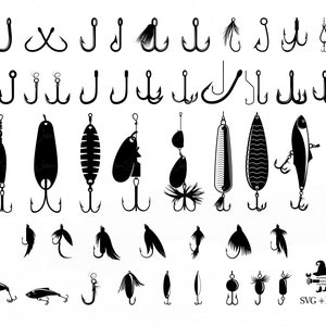 May include: A set of 28 black and white fishing lure SVG cut files. The set includes various styles of hooks, lures, and jigs. The image also includes the text "SVG + PNG".