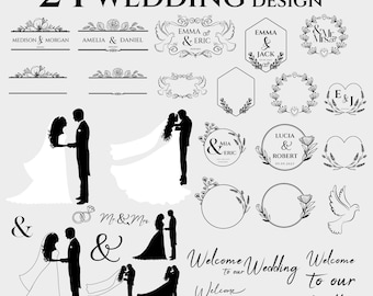 Wedding Design - Bride and Groom, Wedding Couple Silhouette, Wedding svg, Wedding Monogram, Bride svg, Groom svg, Marriage Svg, Floral Frame