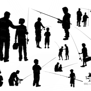 May include: Silhouette of people fishing.  The image shows a group of people fishing, with some holding fishing rods and others standing by the water.  The image is in black and white and has a simple, minimalist style.