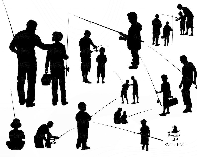 May include: Silhouette of people fishing.  The image shows a group of people fishing, with some holding fishing rods and others standing by the water.  The image is in black and white and has a simple, minimalist style.