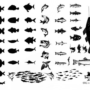 May include: A collection of 36 black and white fish silhouettes, including a variety of species, such as tuna, marlin, and swordfish. The silhouettes are arranged in rows and columns, with a few smaller fish silhouettes scattered around the edges. The image also includes the text "SVG + PNG".