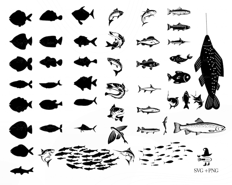 May include: A collection of 36 black and white fish silhouettes, including a variety of species, such as tuna, marlin, and swordfish. The silhouettes are arranged in rows and columns, with a few smaller fish silhouettes scattered around the edges. The image also includes the text "SVG + PNG".