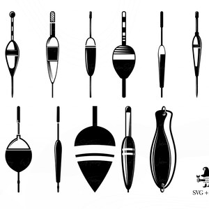 May include: A set of ten black and white fishing bobbers, or floats, in various shapes and sizes. The bobbers are designed for use in fishing.