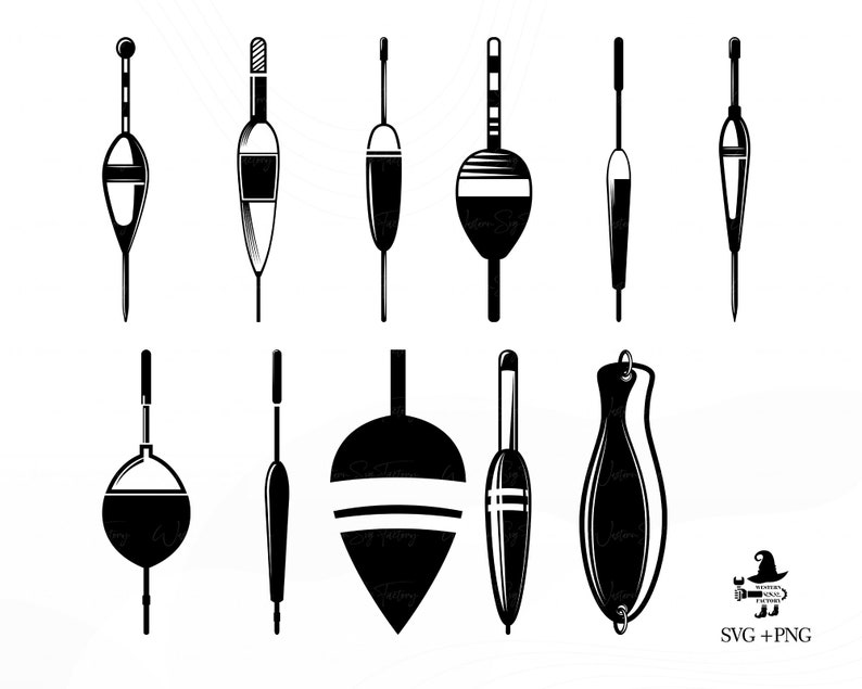 May include: A set of ten black and white fishing bobbers, or floats, in various shapes and sizes. The bobbers are designed for use in fishing.