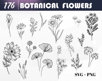 May include: A set of 176 black and white botanical flower illustrations. The flowers are drawn in a simple, minimalist style. The illustrations are perfect for use in digital or print projects.