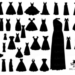 Op de afbeelding: Een set van 30 zwarte silhouetbeelden van jurken in verschillende stijlen. De afbeeldingen zijn perfect voor knutsel-, scrapbook- of digitale ontwerp projecten. SVG + PNG.