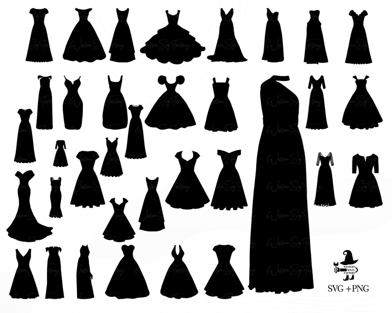 Op de afbeelding: Een set van 30 zwarte silhouetbeelden van jurken in verschillende stijlen. De afbeeldingen zijn perfect voor knutsel-, scrapbook- of digitale ontwerp projecten. SVG + PNG.