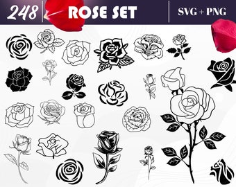 Könnte beinhalten: Ein Set mit 248 Schwarzweiß-Rosenillustrationen. Die Rosen sind in verschiedenen Stilen gehalten, darunter einfache Umrisse, detaillierte Zeichnungen und stilisierte Designs. Das Set enthält Rosen in voller Blüte, Knospen und Stiele.