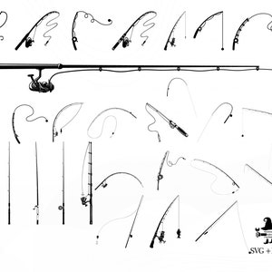 May include: A set of 20 black and white illustrations of fishing rods. The illustrations are in various styles and positions, including some with a line and hook.