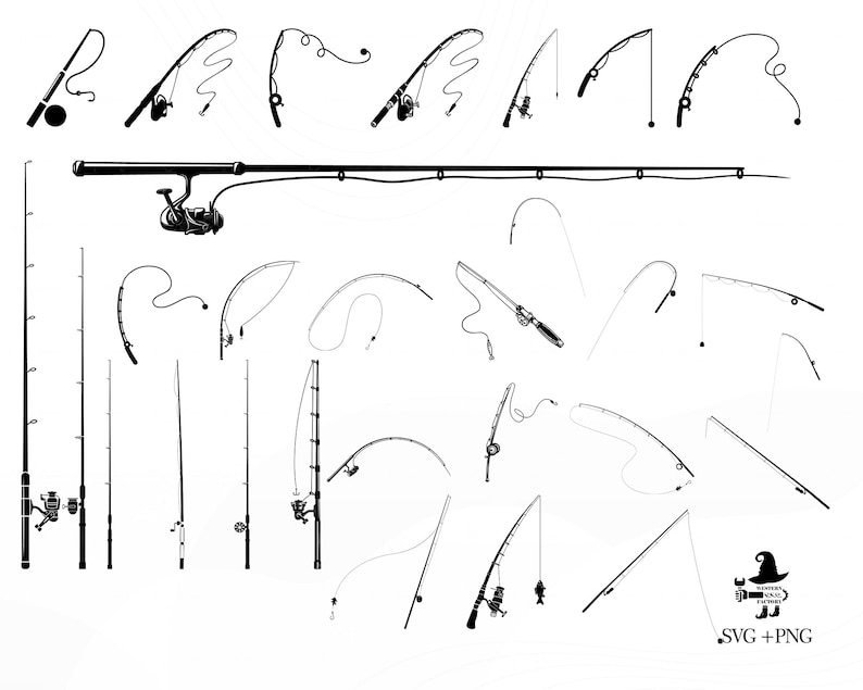 May include: A set of 20 black and white illustrations of fishing rods. The illustrations are in various styles and positions, including some with a line and hook.