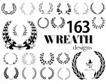 May include: A collection of 163 black and white wreath designs. The wreaths are made of various leaf and floral patterns. The text "163 Wreath designs" is displayed in bold black font.