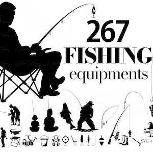 Könnte beinhalten: Eine schwarz-weiße Silhouette einer Person, die auf einem Klappstuhl mit einer Angelrute sitzt. Das Bild enthält 267 Angelgeräte, darunter Ruten, Rollen, Köder und anderes Zubehör. Der Text "267 FISHING equipments" ist im Bild zu sehen.