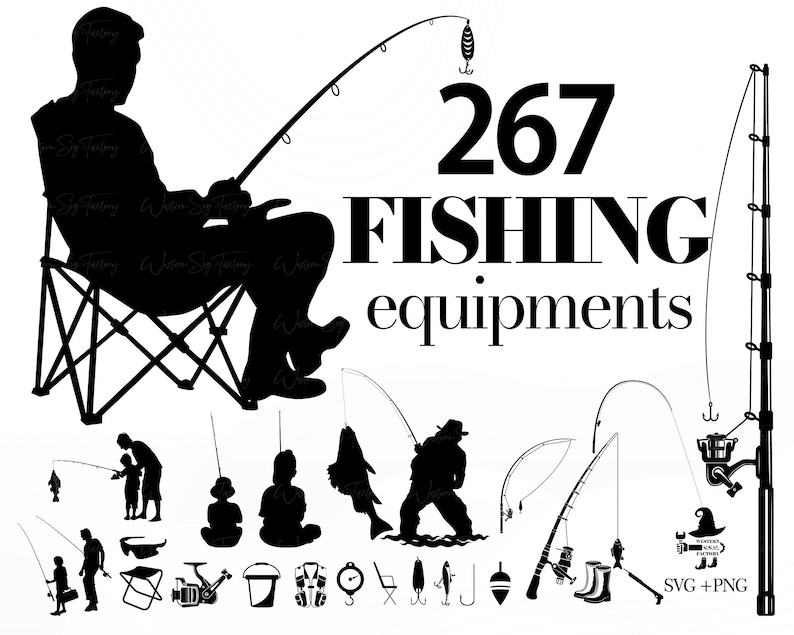 May include: A black and white silhouette of a person sitting in a folding chair with a fishing rod. The image includes 267 fishing equipment items, including rods, reels, lures, and other accessories. The text "267 FISHING equipments" is displayed in the image.