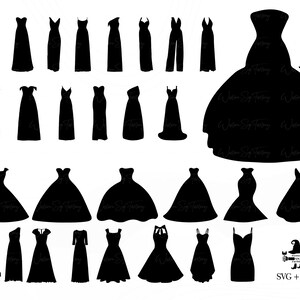Op de afbeelding: Een set van 25 zwarte silhouetbeelden van verschillende stijlen jurken. De afbeeldingen zijn perfect voor knutselen, scrapbooking of digitale ontwerp projecten.
