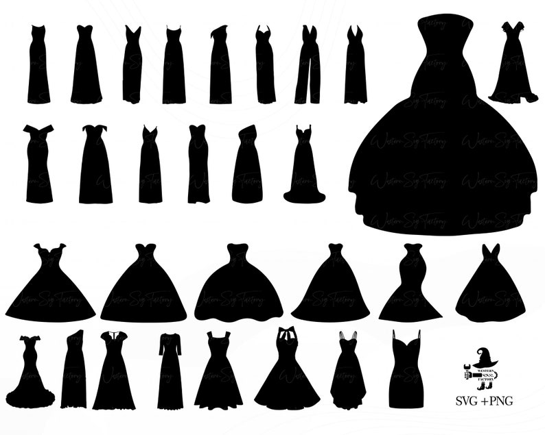 Op de afbeelding: Een set van 25 zwarte silhouetbeelden van verschillende stijlen jurken. De afbeeldingen zijn perfect voor knutselen, scrapbooking of digitale ontwerp projecten.