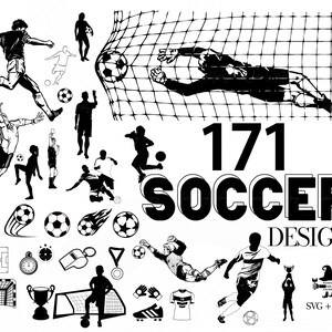 以下が含まれることがあります： 171個のサッカーデザインの白黒イラストセット。セットには、選手、ゴールキーパー、ボール、トロフィー、ホイッスルなどが含まれています。画像には「171 Soccer Design」というテキストが含まれています。