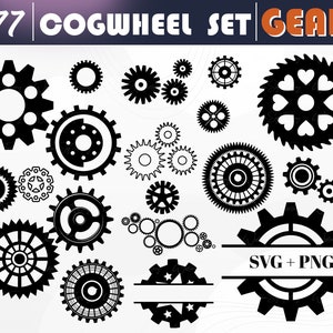 May include: A set of 277 black and white SVG and PNG gear and cogwheel designs. The gears are in various shapes and sizes, including hearts, stars, and circles.