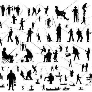 May include: A black and white silhouette image of multiple people fishing. The people are in various poses, some standing, some sitting, and some in boats. They are all holding fishing rods and lines. Some are casting their lines, while others are reeling in fish. The image is a great representation of the sport of fishing.