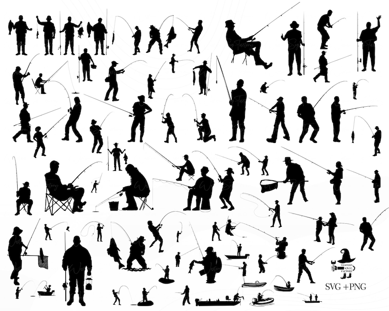 May include: A black and white silhouette image of multiple people fishing. The people are in various poses, some standing, some sitting, and some in boats. They are all holding fishing rods and lines. Some are casting their lines, while others are reeling in fish. The image is a great representation of the sport of fishing.